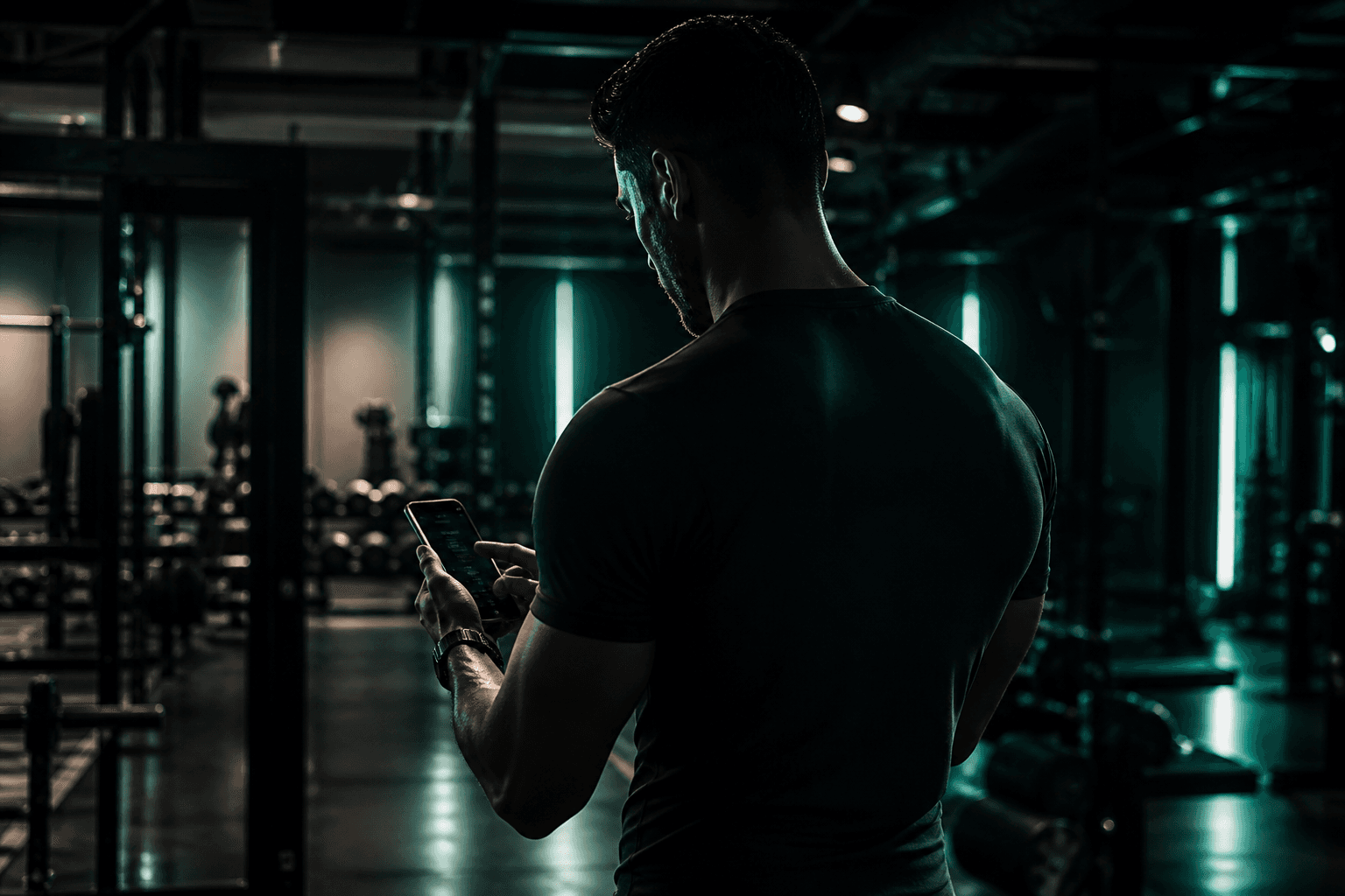 Persona in palestra che adatta la scheda di allenamento dallo smartphone